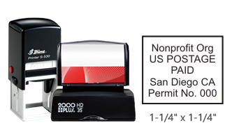 Customize this 1 1/4" x 1 1/4" bulk rate Nonprofit stamp with your information. Black ink only. Great for high volume stamping. Orders over $45 ship free!