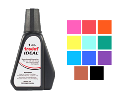 This 1oz bottle of ink works on all Ideal, Trodat, Cosco or Shiny self-inking stamps. Water-based ink in 11 colors to choose from. Orders ship free over $45.