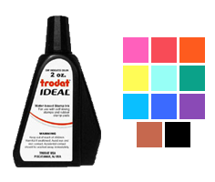 This 2oz bottle of ink works on all Ideal, Trodat, Cosco or Shiny self-inking stamps. Water-based ink in 11 colors to choose from. Orders ship free over $45.