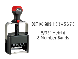 Stock 5/32" character height date stamp with 8 manual number bands available in 11 ink colors! Great for high volume stamping. Ships in 1-2 business days!