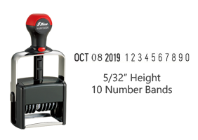 Stock 5/32" character height date stamp with 10 manual number bands available in 11 ink colors! Great for high volume stamping. Ships in 1-2 business days!