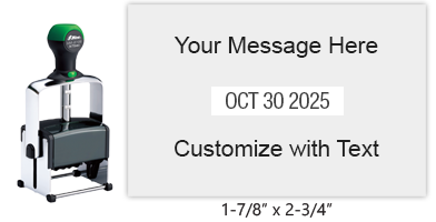 Customize this 1-7/8" x 2-3/4" date stamp free with 3 lines of text above and below the date. Available in 11 ink colors. Ships in 1-2 business days!