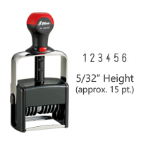 Stock heavy duty 5/32" height numbering stamp with 6 manual bands available in 11 ink colors! Great for high volume stamping. Ships in 1-2 business days!