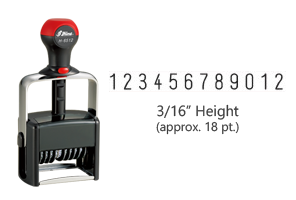 Heavy duty 3/16" height stock numbering stamp with 12 manual bands available in 11 ink colors! Great for high volume stamping. Ships in 1-2 business days!