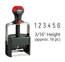 Stock heavy duty 3/16" height numbering stamp with 6 manual bands available in 11 ink colors! Great for high volume stamping. Ships in 1-2 business days!
