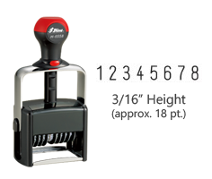 Heavy duty 3/16" height stock numbering stamp with 8 manual bands available in 11 ink colors! Great for high volume stamping. Ships in 1-2 business days!
