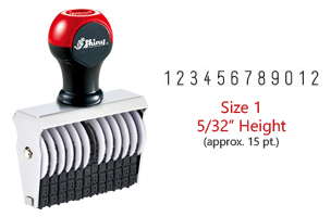 Stock traditional numbering stamp has a 5/32" character height, approx 15 pt., with 12 bands. Use with ink pad sold separately. Ships in 1-2 business days!