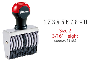 Stock traditional numbering stamp has a 3/16" character height, approx 18 pt., with 10 bands. Use with ink pad sold separately. Ships in 1-2 business days!