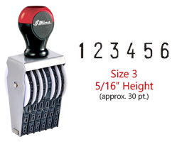 Stock traditional numbering stamp has a 5/16" character height, approx 30 pt., with 6 bands. Use with ink pad sold separately. Ships in 1-2 business days!