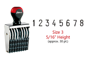Stock traditional numbering stamp has a 5/16" character height, approx 30 pt., with 8 bands. Use with ink pad sold separately. Ships in 1-2 business days!