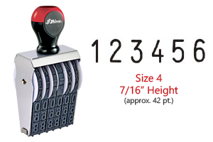 Stock traditional numbering stamp has a 7/16" character height, approx 42 pt., with 6 bands. Use with ink pad sold separately. Ships in 1-2 business days!