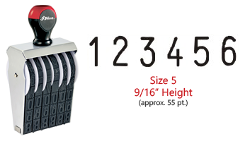 Stock traditional numbering stamp has a 9/16" character height, approx 55 pt., with 6 bands. Use with ink pad sold separately. Ships in 1-2 business days!