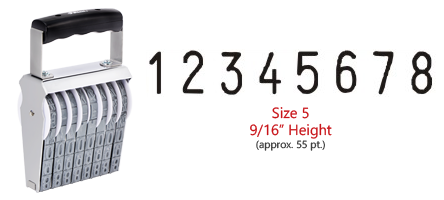 Stock traditional numbering stamp has a 9/16" character height, approx 55 pt., with 8 bands. Use with ink pad sold separately. Ships in 1-2 business days!