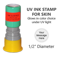 Customizable 1/2" diameter UV Ink Stamp for skin. Glows in your choice of 5 colors under UV light. UV light sold separately. Orders over $45 ship free!