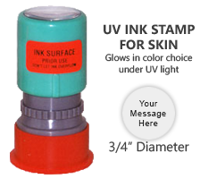 Customizable 3/4" diameter UV Ink Stamp for skin. Glows in your choice of 5 colors under UV light. UV light sold separately. Orders over $45 ship free!