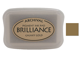 This 3-3/4" x 2-5/8" stamp ink pad comes in galaxy gold and is superb for use on many surfaces. Acid free, water-based. Orders $45 and over ship free!