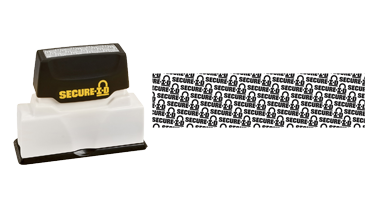 The pre-inked Secure-ID stamp prevents identity theft by distorting personal information. The impression size is 5/16 x 2-1/2" and is available in black ink.