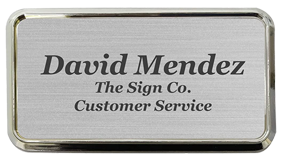 1-1/2" x 3" Engraved Plastic Name Badge w/ Frame can be customized up to 5 lines w/ 25 color combos. Gold, silver or black frame. Orders over $45 ship free!