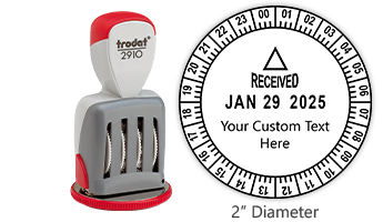 Personalize this Trodat 24 hour date & time stamp w/ your own custom text! Impression is 2" in diameter w/ rotating dial for time. Orders over $45 ship free!