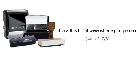 This stock track this bill with web address Where's George stamp is available in 4 stamp options and 11 ink colors. Great for stamping and tracking bills.